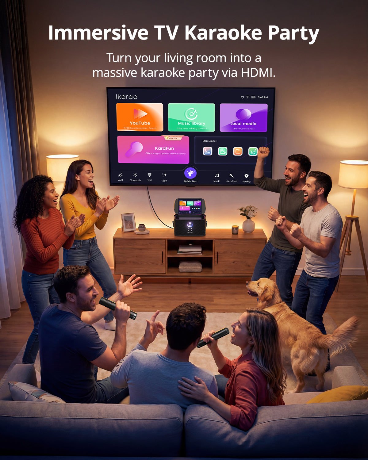 Machine Karaoké Ikarao avec Écran d'Affichage des Paroles pour Adultes, Système Karaoké Professionnel avec 2 Micros sans Fil pour Télévision, Maison et Fêtes en Extérieur