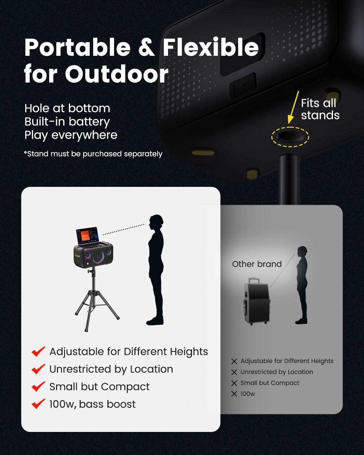Enjoy music anywhere with our portable karaoke machine! It features a built-in battery, is compatible with all stands (stand sold separately), and boasts 100W with bass boost.
