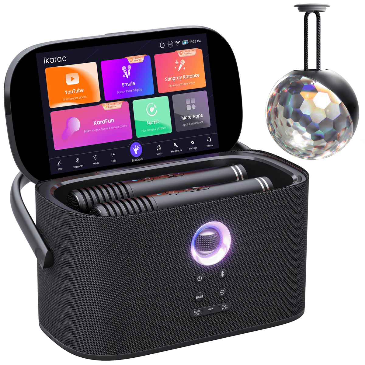 Ikarao Portable Karaoke Machine for Adults with Disco Ball Party Light, Built-in Lyrics Display Screen, 2 Wireless Microphones, 140W Speaker, HDMI TV Connection, Karaoke App, Bluetooth 5.4