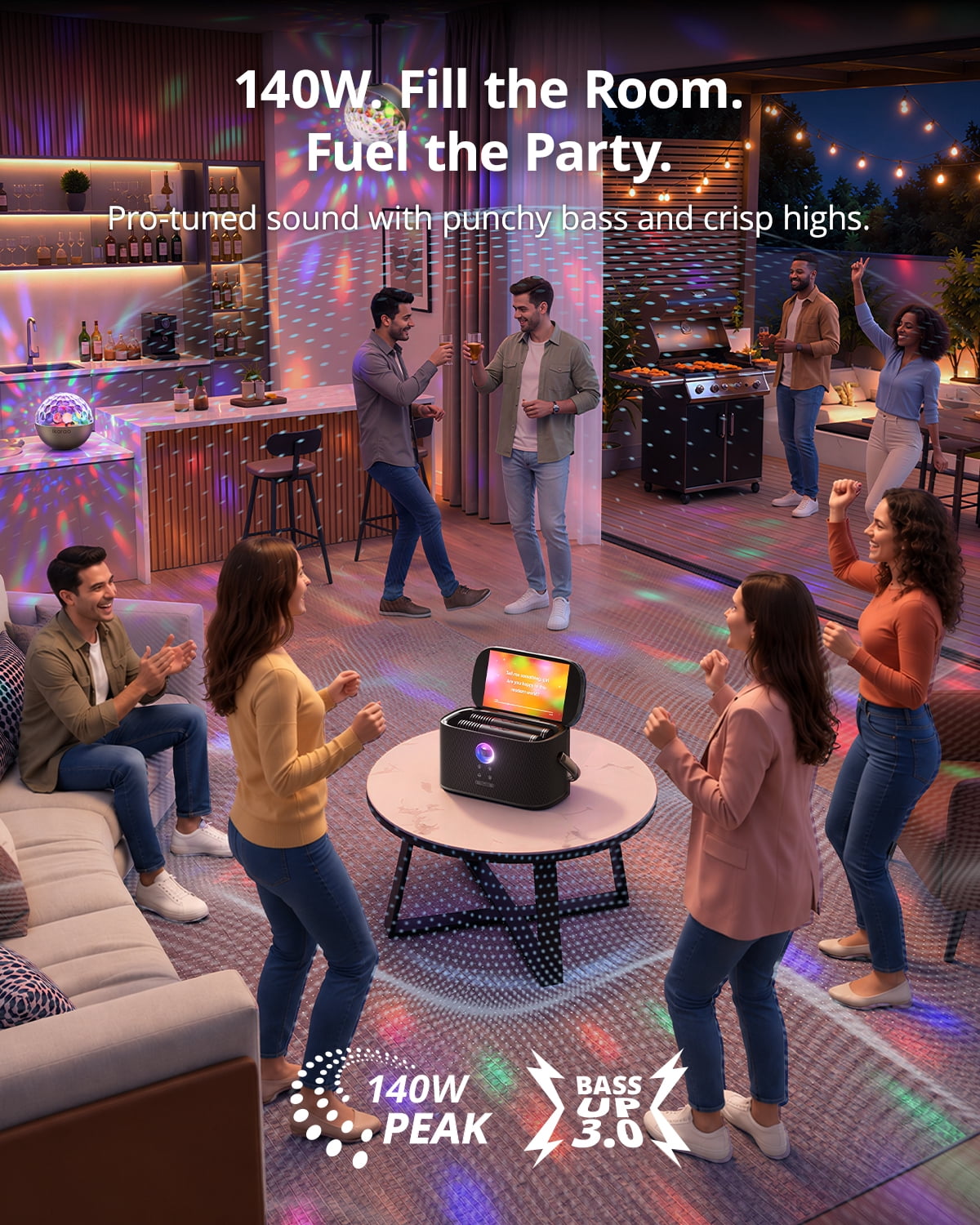Ikarao Portable Karaoke Machine for Adults with Disco Ball Party Light, Built-in Lyrics Display Screen, 2 Wireless Microphones, 140W Speaker, HDMI TV Connection, Karaoke App, Bluetooth 5.4