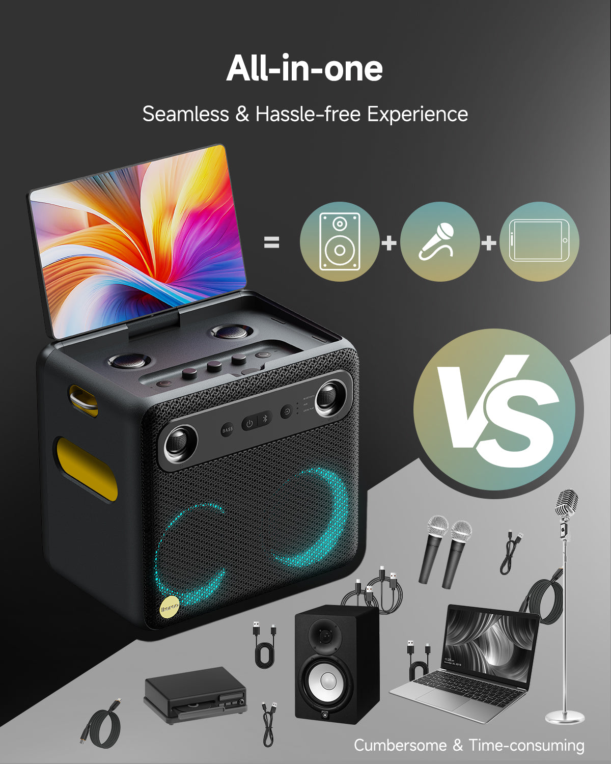 Machine de Karaoké Intelligente Ikarao pour Adultes avec Affichage des Paroles sur Écran, 2 Micros sans Fil, Enceinte Bluetooth Portable pour Fêtes Musicales