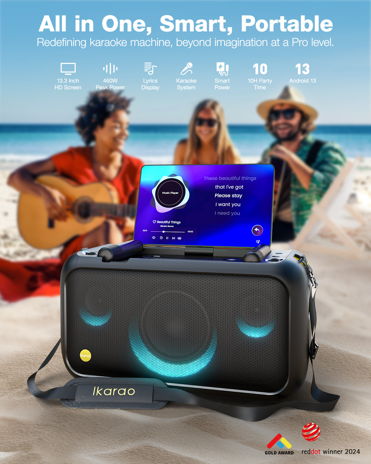 Machine de Karaoké Ikarao pour Adultes, avec Écran Intégré de 13,3 Pouces, Enceinte Bluetooth Portable et 2 Microphones sans Fil pour TV, Soirées Musicales