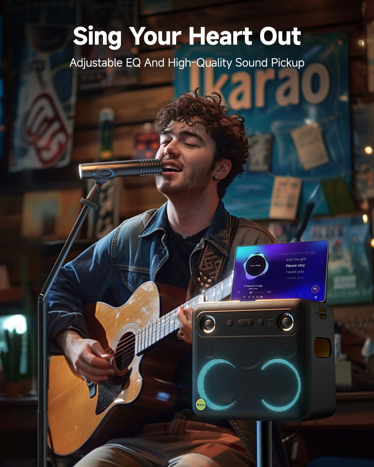 Machine karaoké Ikarao avec support de micros, haut-parleur Bluetooth portable, 2 micros sans fil, affichage des paroles, connexion TV HDMI, batterie 8h, amusement en famille et en voyage