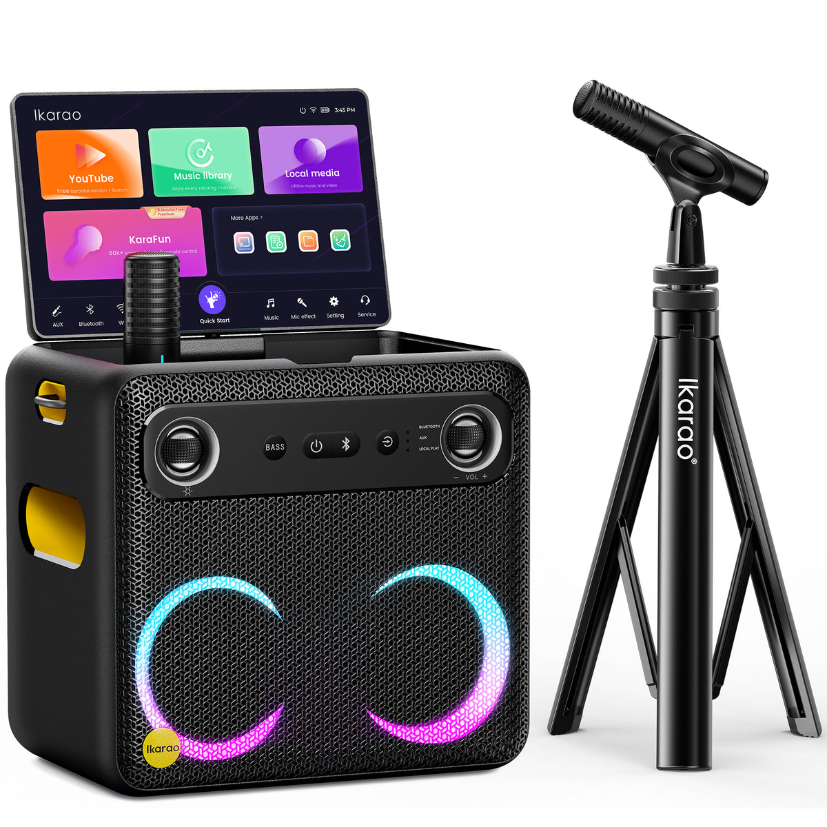 Machine karaoké Ikarao avec support de micros, haut-parleur Bluetooth portable, 2 micros sans fil, affichage des paroles, connexion TV HDMI, batterie 8h, amusement en famille et en voyage