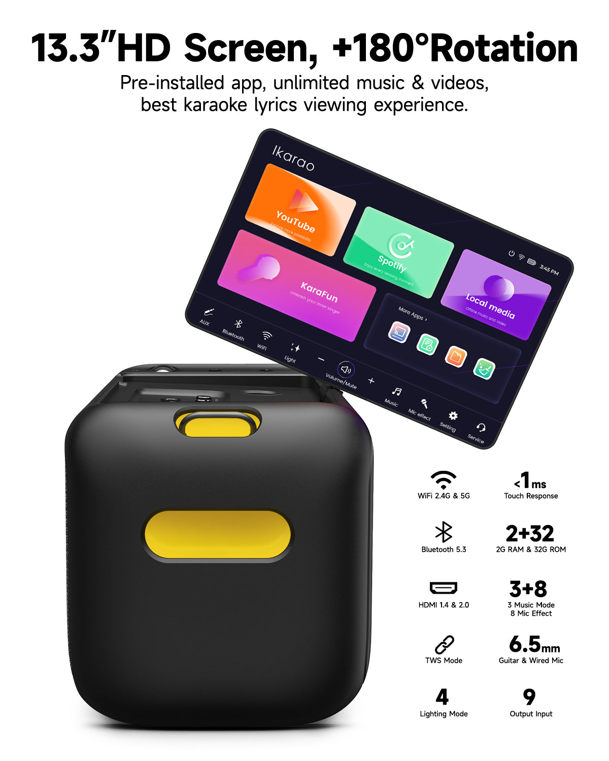 Machine de Karaoké Ikarao pour Adultes, avec Écran Intégré de 13,3 Pouces, Enceinte Bluetooth Portable et 2 Microphones sans Fil pour TV, Soirées Musicales