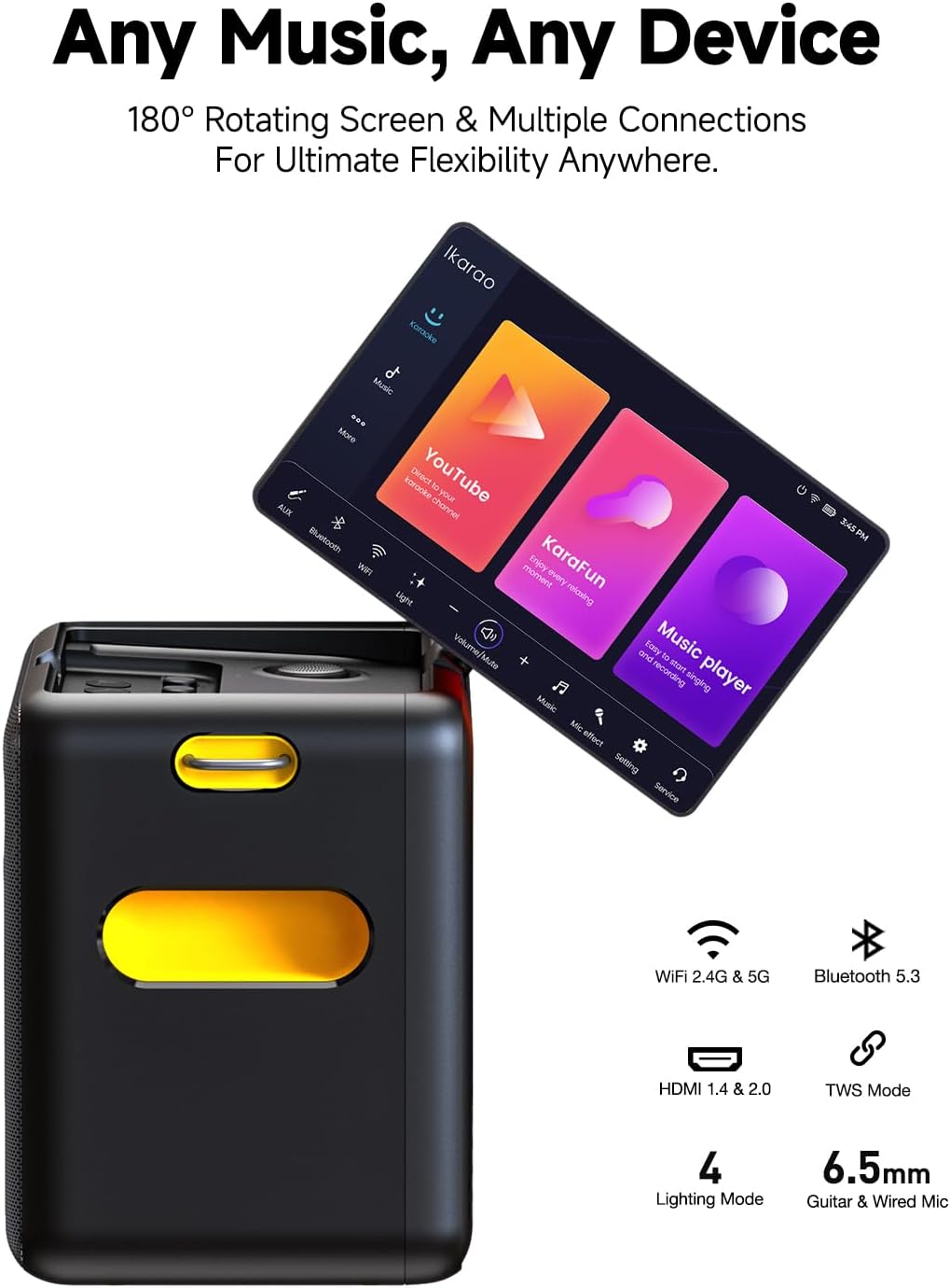 Machine karaoké Ikarao avec support de micros, haut-parleur Bluetooth portable, 2 micros sans fil, affichage des paroles, connexion TV HDMI, batterie 8h, amusement en famille et en voyage
