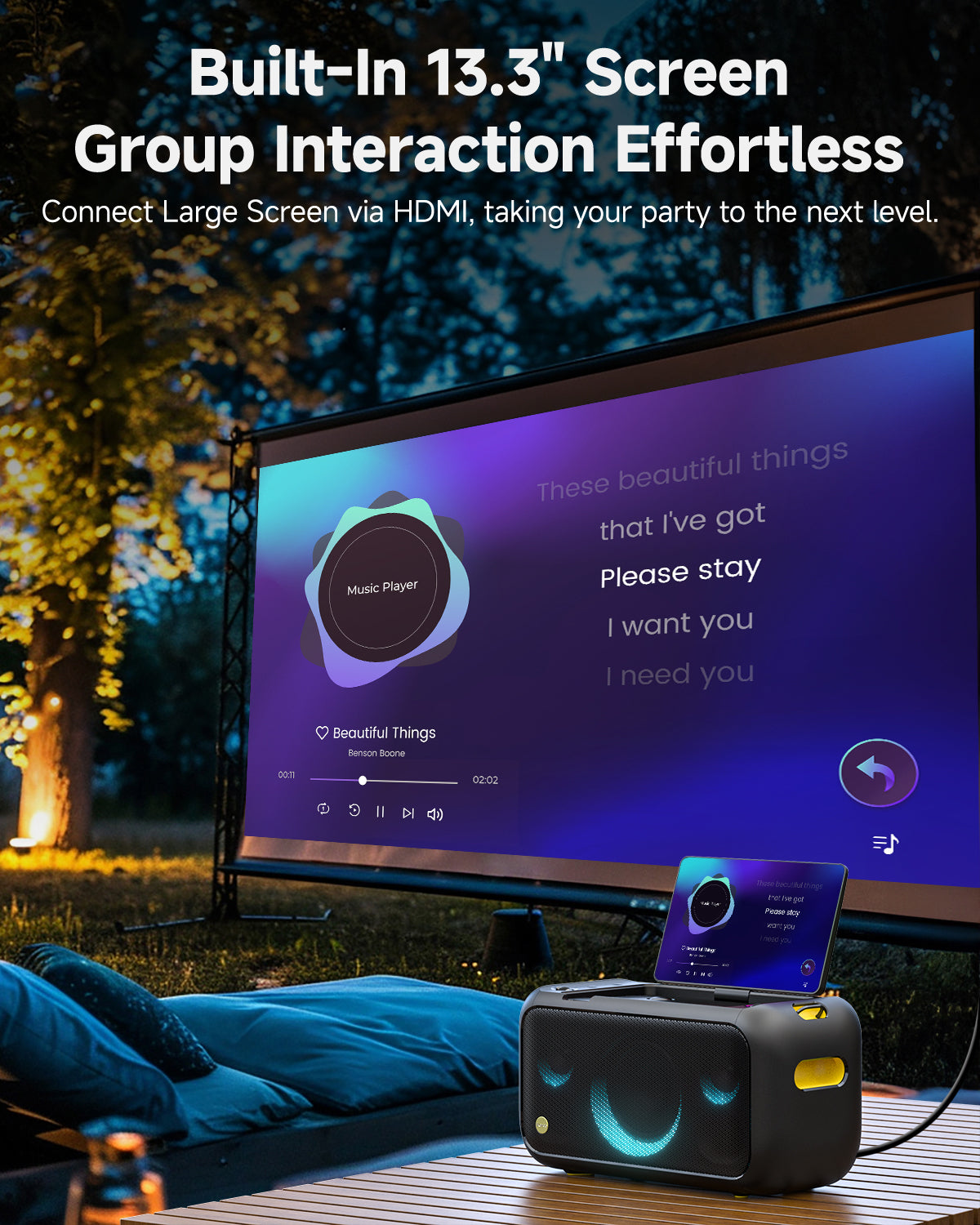 Machine de Karaoké Ikarao pour Adultes, avec Écran Intégré de 13,3 Pouces, Enceinte Bluetooth Portable et 2 Microphones sans Fil pour TV, Soirées Musicales