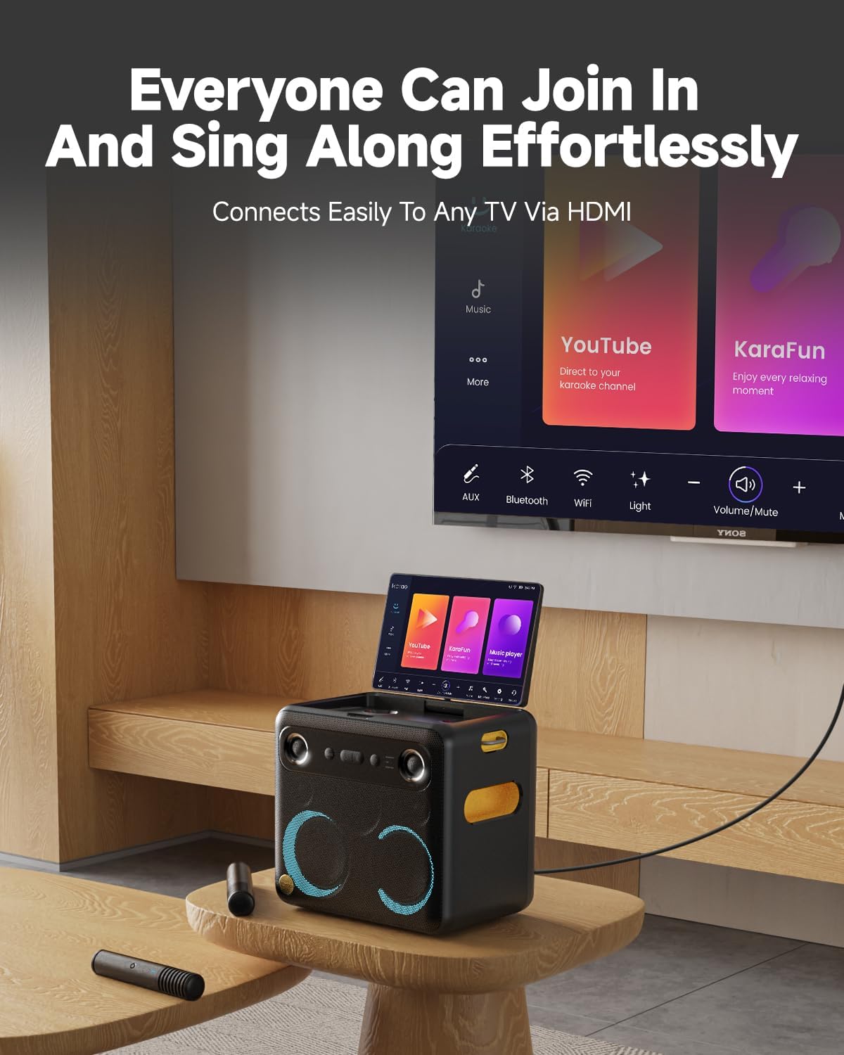 Machine karaoké Ikarao avec support de micros, haut-parleur Bluetooth portable, 2 micros sans fil, affichage des paroles, connexion TV HDMI, batterie 8h, amusement en famille et en voyage
