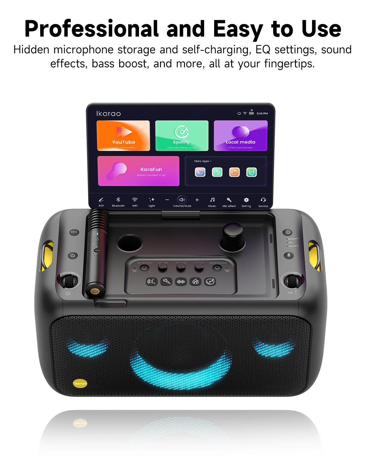 Machine de Karaoké Ikarao pour Adultes, avec Écran Intégré de 13,3 Pouces, Enceinte Bluetooth Portable et 2 Microphones sans Fil pour TV, Soirées Musicales