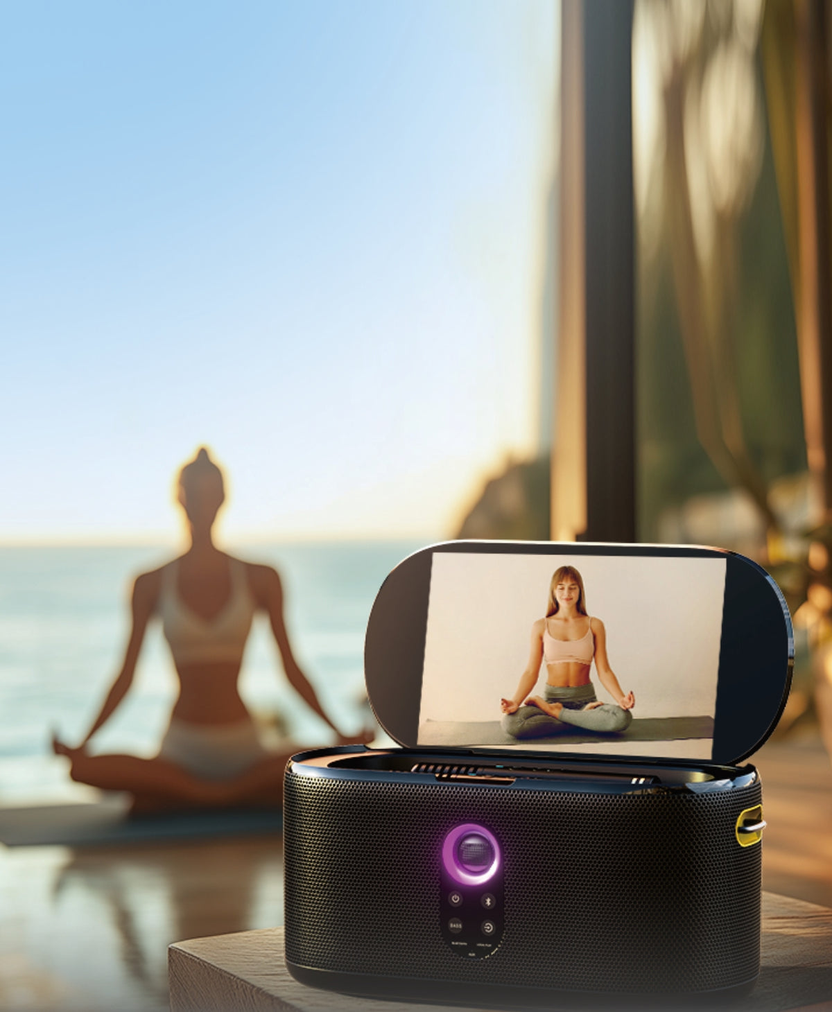 Ikarao playing a guided yoga video
