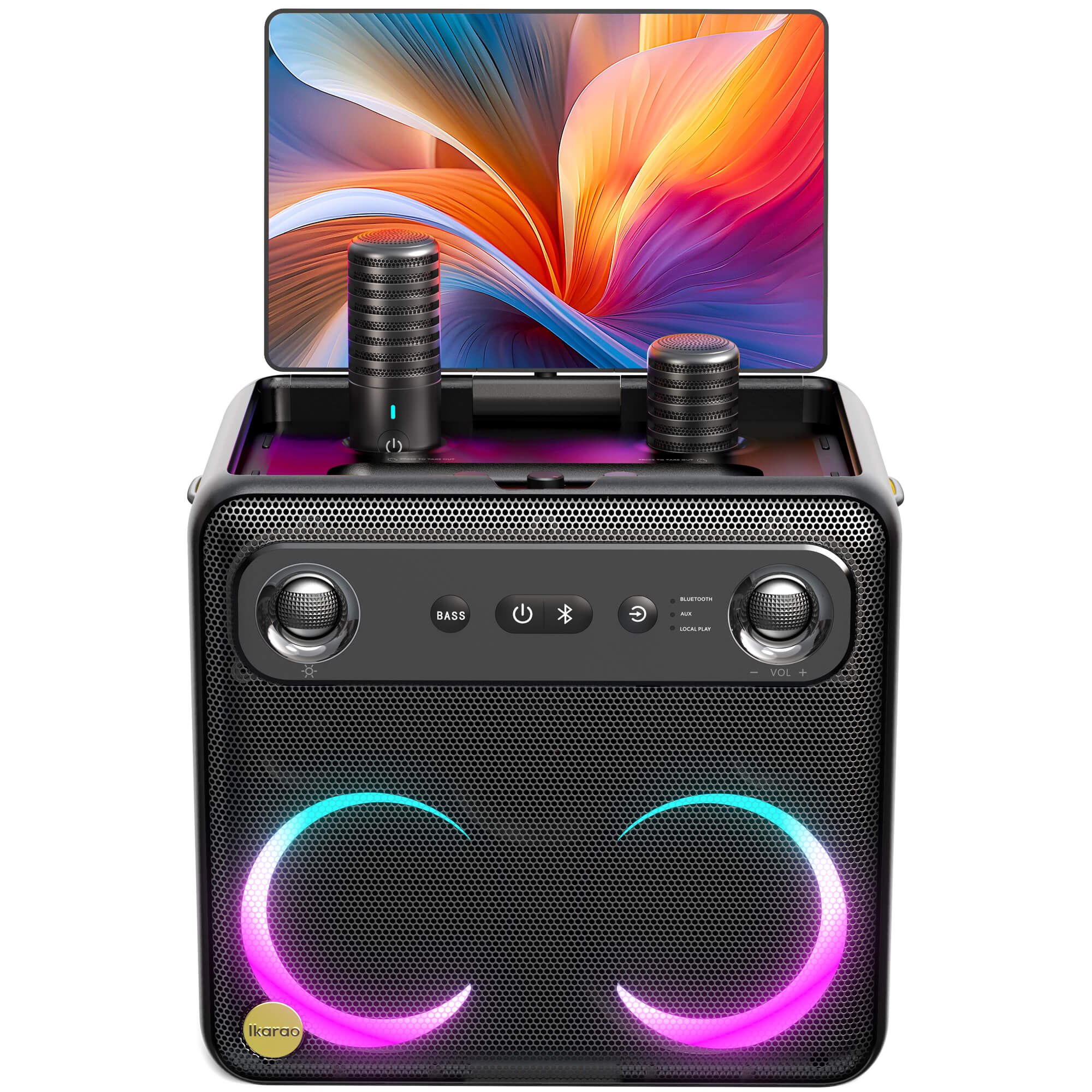 Front view of an IKARAO karaoke machine showing its display, microphone storage and physical controls